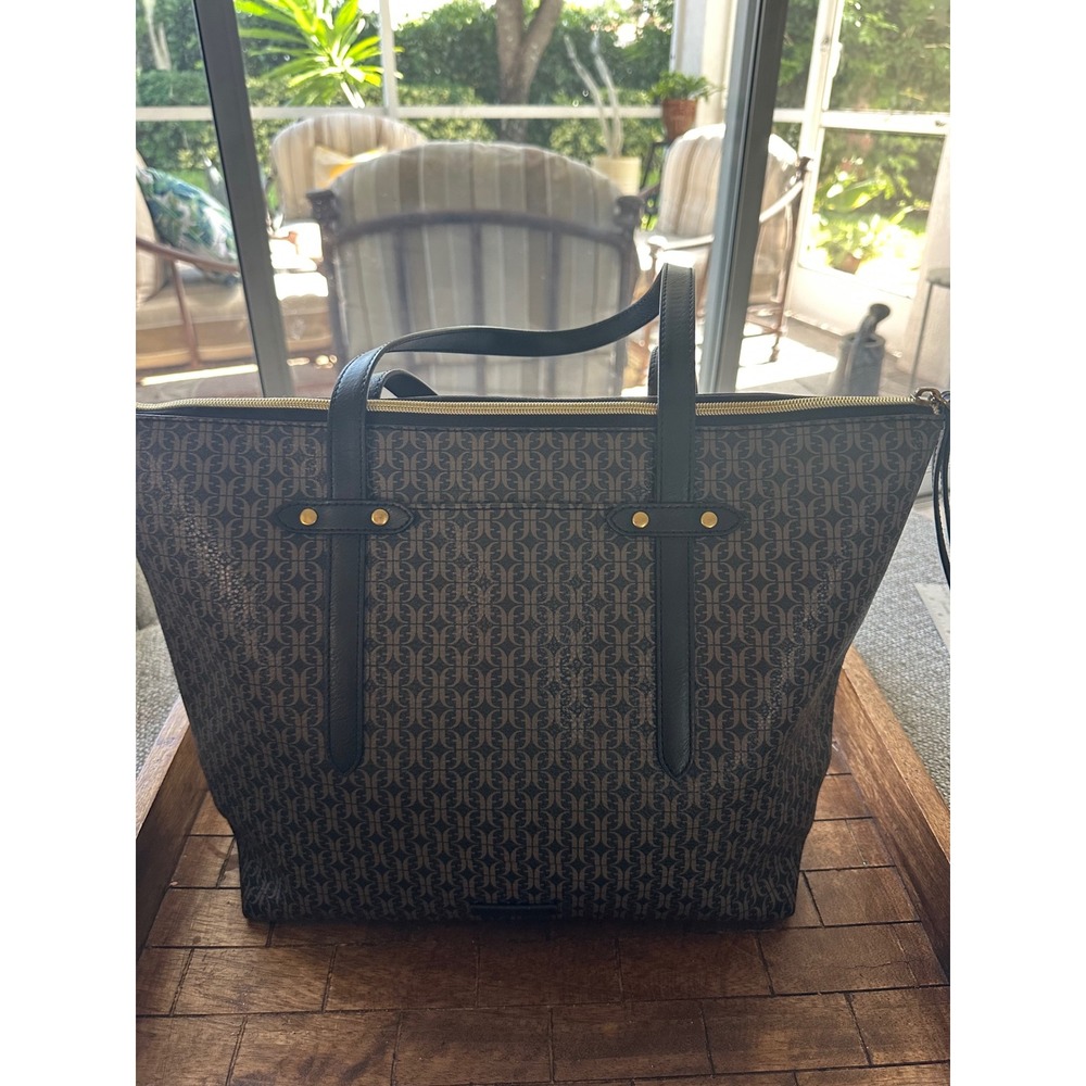 Fossil Monogram Tote Bag Brown Black Signature Logo Print Shoulder Bag Large